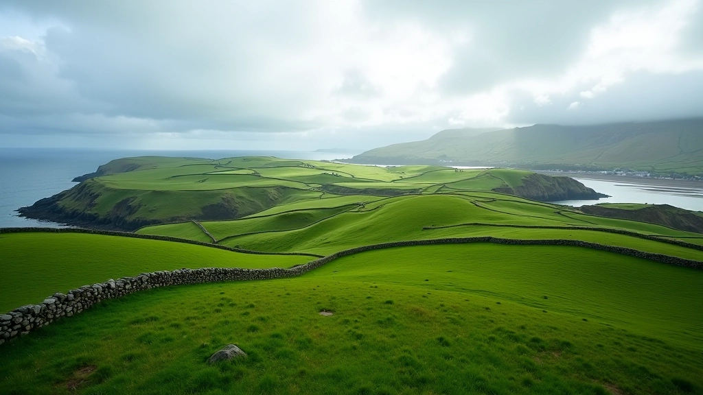 Aerial view of rolling green hills and coastal landscape of Dingle Peninsula with traditional stone walls