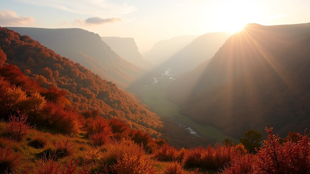 Autumn mountain landscape with golden and red foliage, misty morning light, forest canopy in warm colors