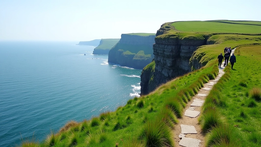 Dramatic sea cliffs rising from turquoise waters with hiking trail visible along the edge
