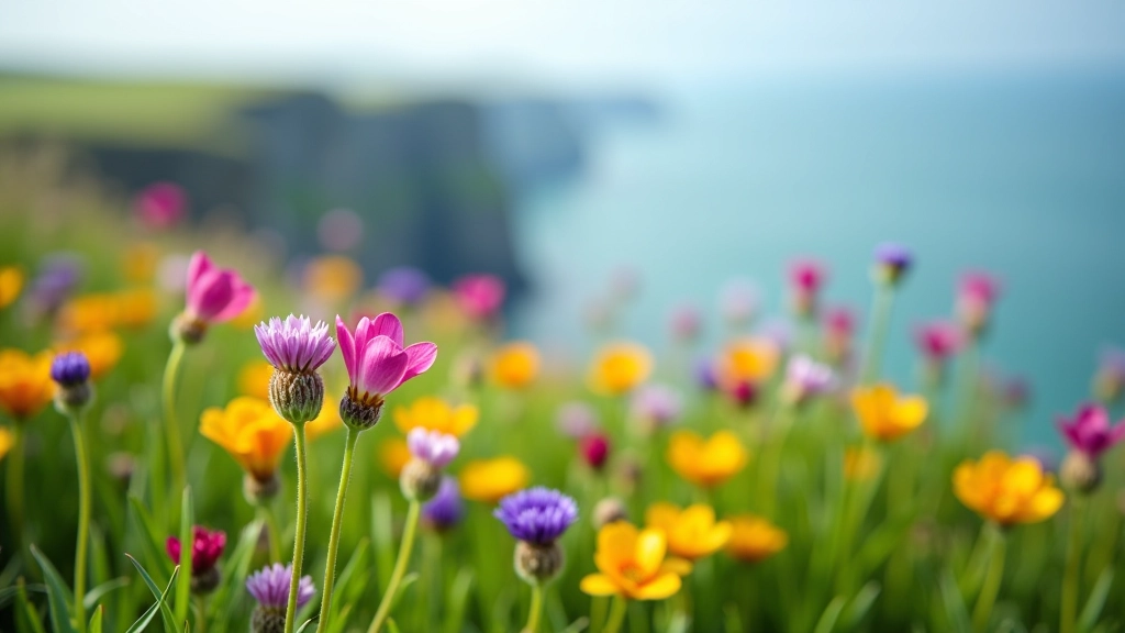 Close-up of wildflowers and coastal grasses growing along the cliff edge, spring or summer blooms with ocean backdrop