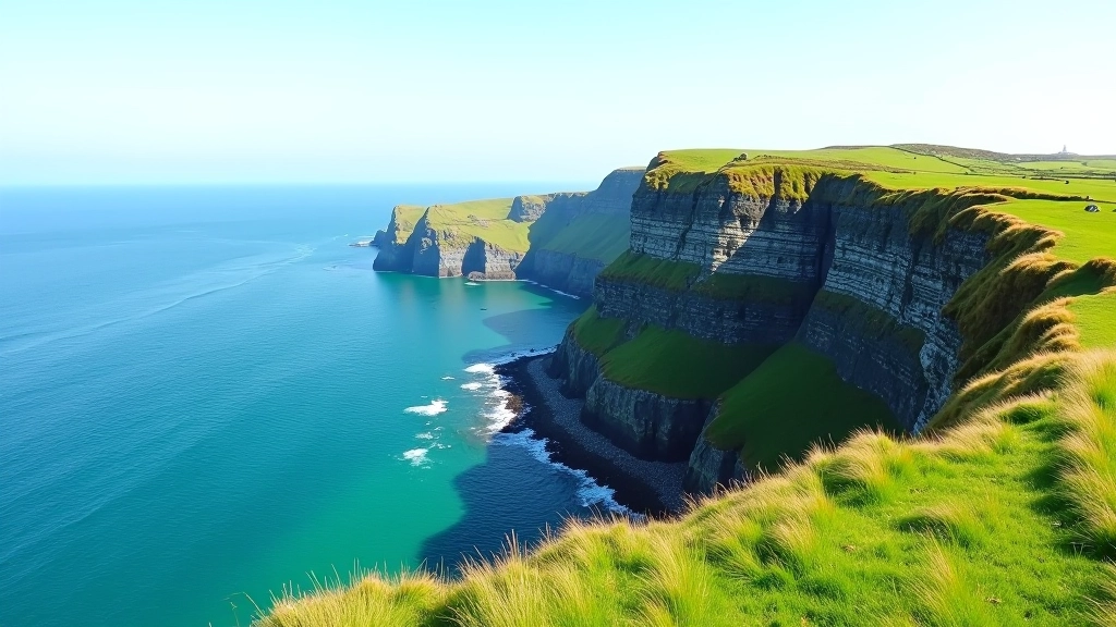 Rocky coastal cliffs with green grass, dramatic seascape and blue water, scenic overlook point