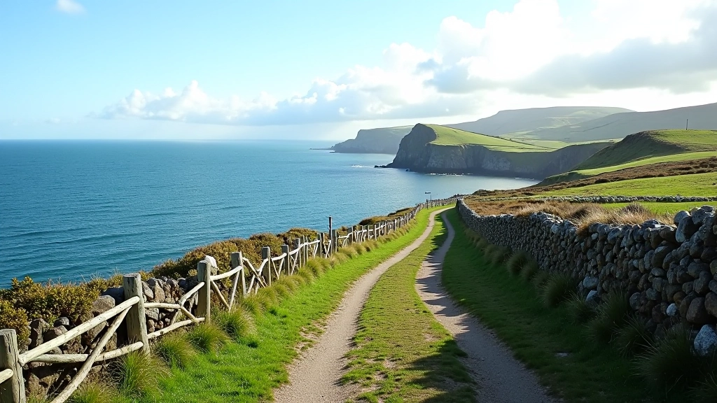 Scenic coastal walking path with ocean views and rocky cliffs along Dingle Way trail