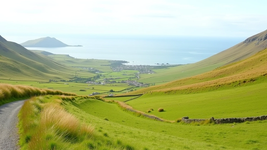 Mountain valley with green slopes and a gentle walking path through moorland