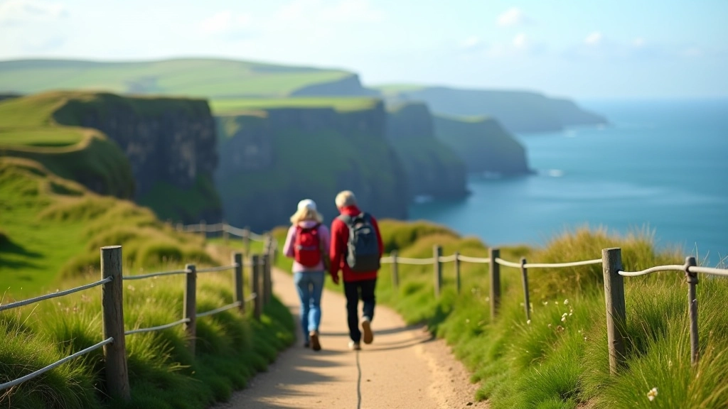 Hikers on the established walking trail along the Cliffs of Moher, protective railings visible, lush green vegetation on the path, Atlantic Ocean in background