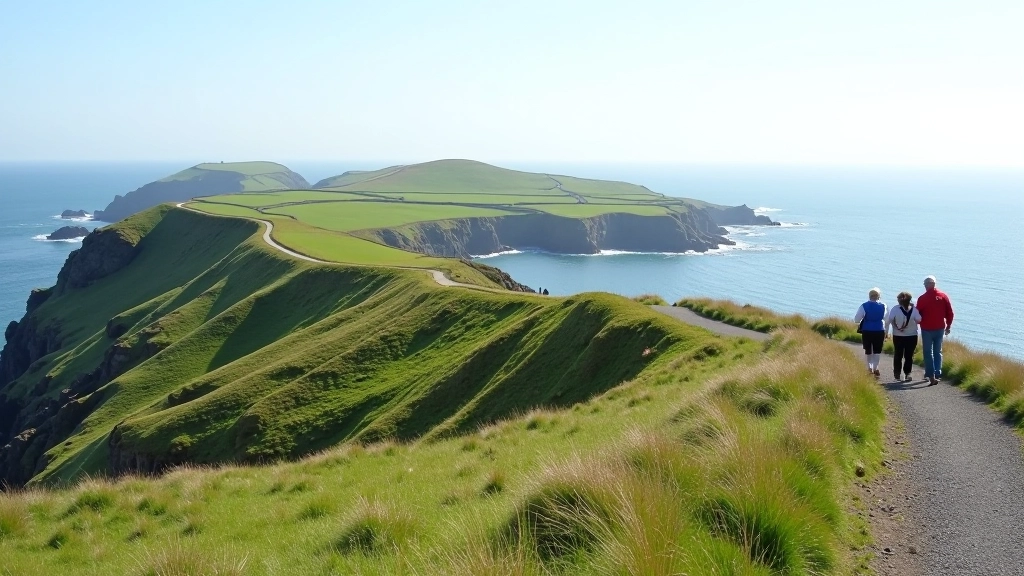 Coastal headland with lighthouse visible, grassy slopes and rocky coastline below