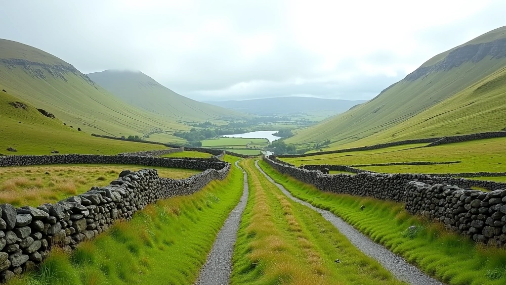 Scenic mountain pass with valley views and traditional Irish stone walls framing the landscape