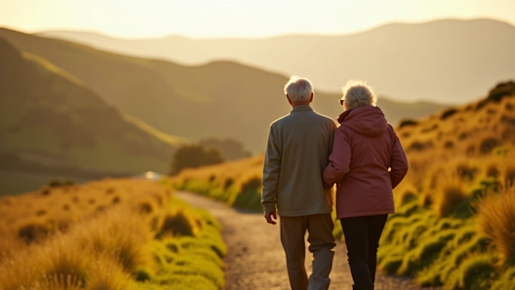 Older couple enjoying scenic countryside walk together, smiling, surrounded by green hills and clear sky