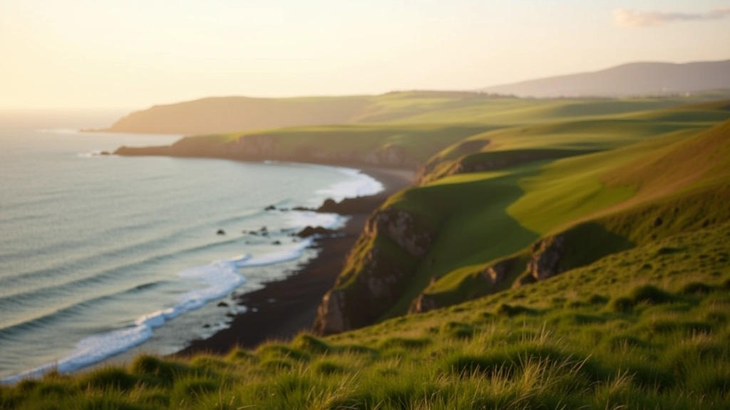 Beautiful coastal Irish landscape with rolling green hills and ocean views