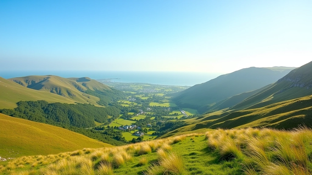 Summer mountain vista with clear blue sky, green valleys stretching to horizon, golden sunlight on peaks