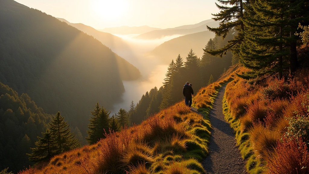 Forested mountain trail with autumn colors, fallen leaves on path and misty valley below