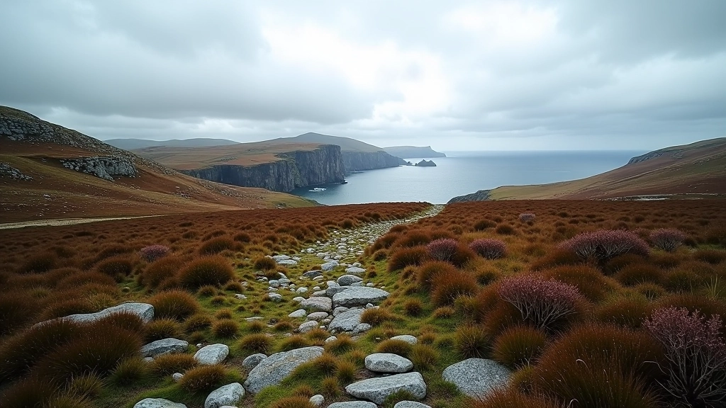 Wild moorland landscape with rocky terrain and distant island views from coastal cliffs