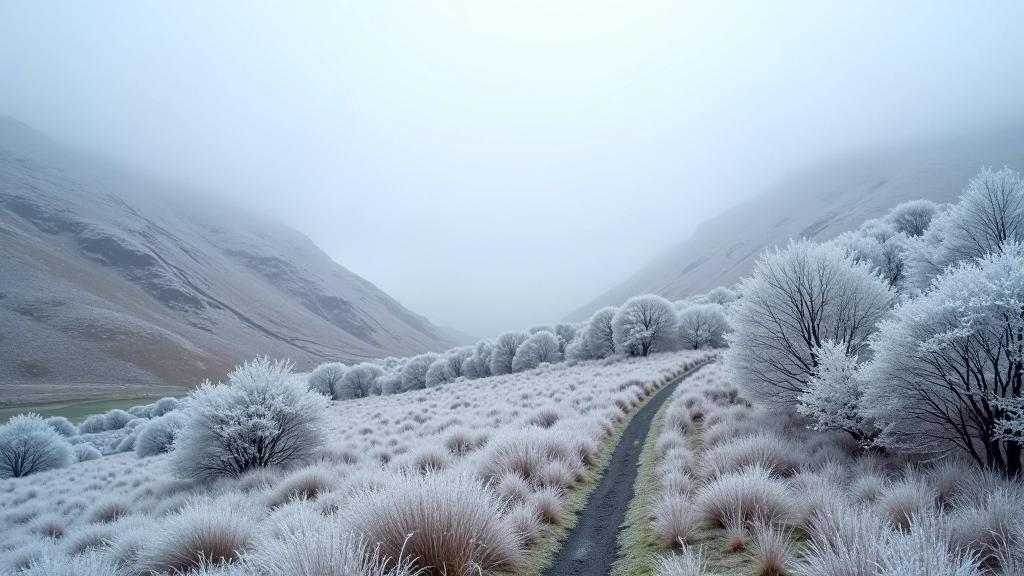 Winter mountain scene with frost-covered vegetation, pale winter light, bare trees against grey sky